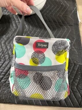Thirty-One Polka Dot Cosmetic Bag in White with Mint & Yellow Accents